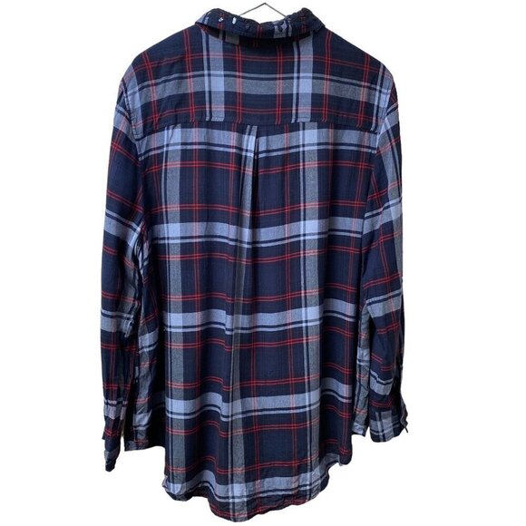 TERRA & SKY Boyfriend Shirt Size 1X Blue Plaid Rayon Button up Embroidered Colla - Picture 3 of 10